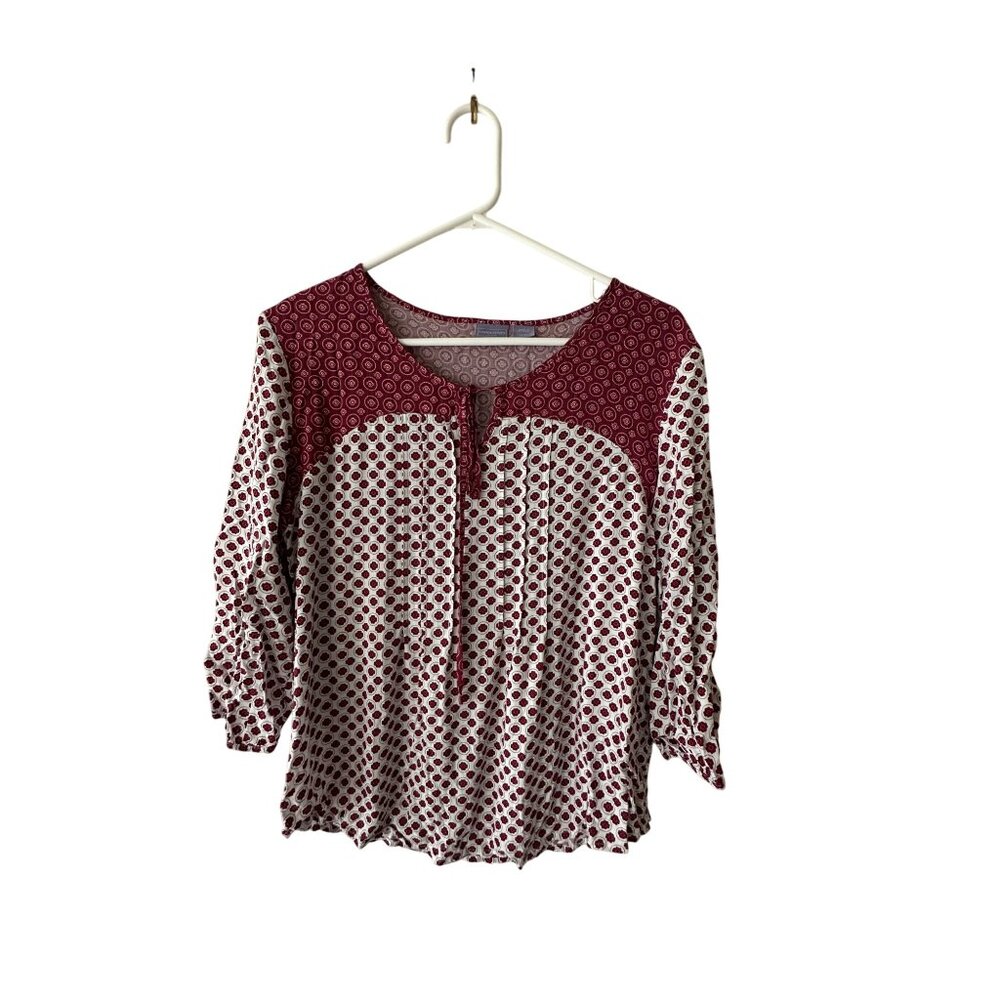 Laura Scott Petite Red & White Floral Print Blouse 3/4 Sleeve Tie Neck Basic